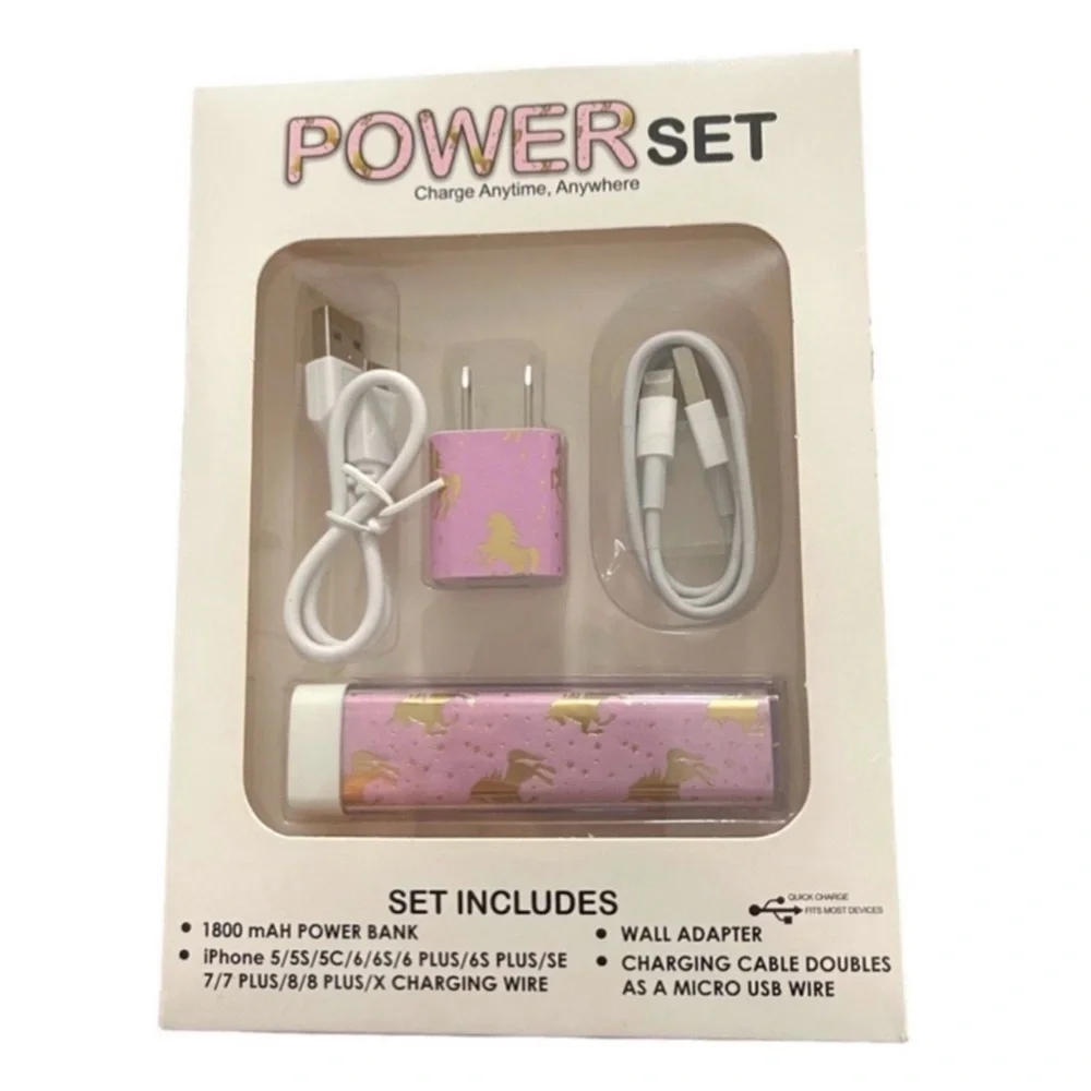 NEW Power Set Charge Mobile Devices Anywhere Power Bank Cables Adaptor Pink